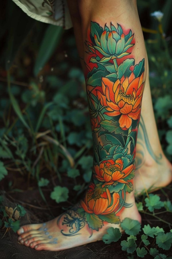 woman leg flower tattoo