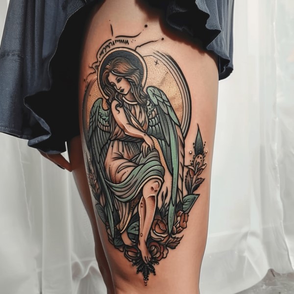 angel leg tattoo