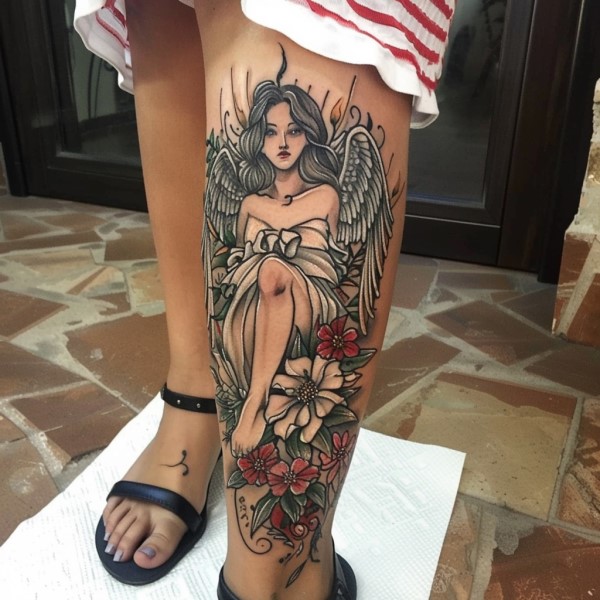 angel leg tattoo