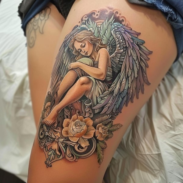 angel woman leg tattoo