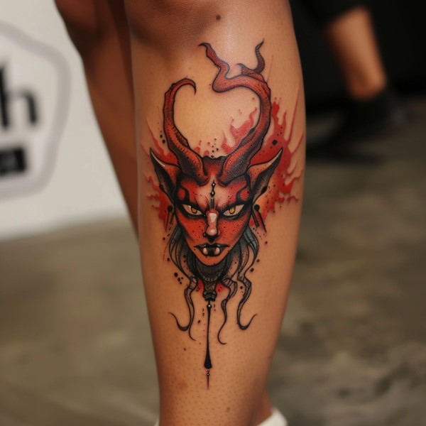 woman devil leg tattoo