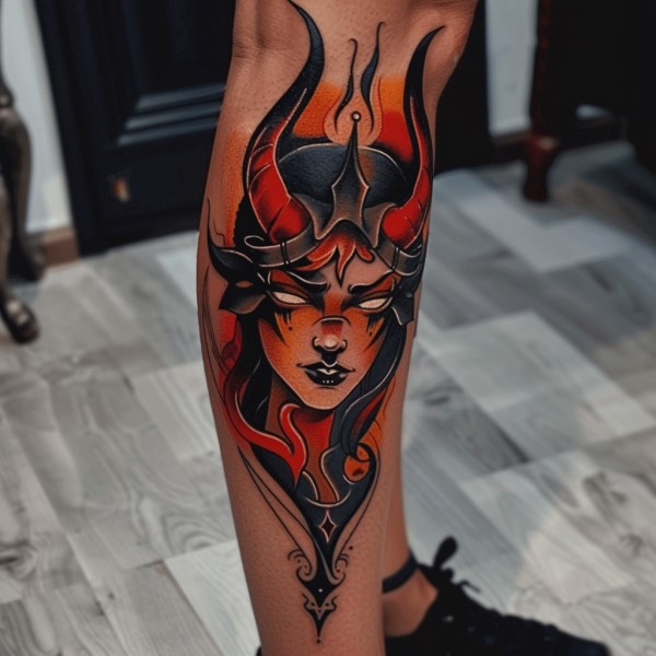 woman devil leg tattoo