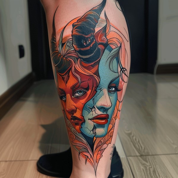 two face woman leg tattoo