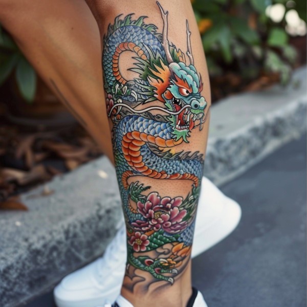 blue dragon woman leg tattoo