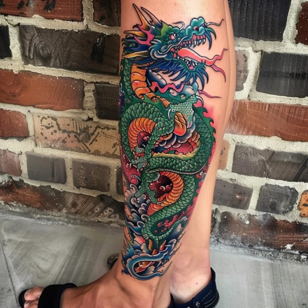 green dragon woman leg tattoo