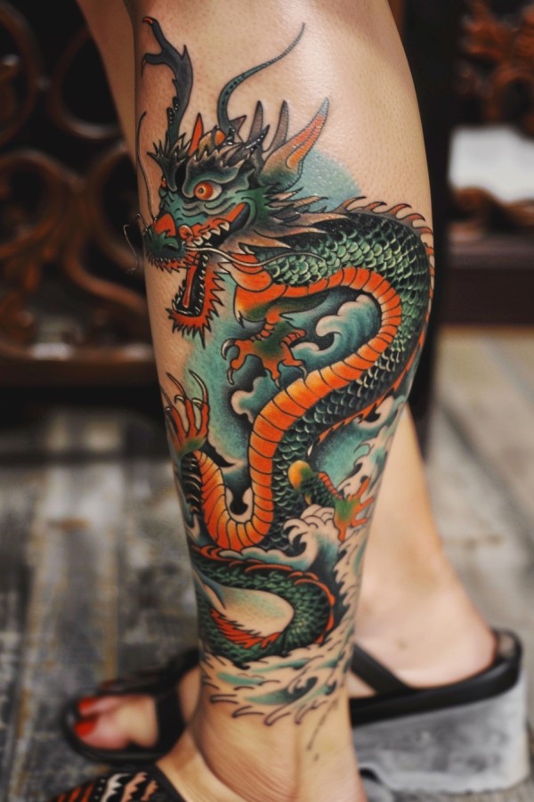 woman dragon leg tattoo