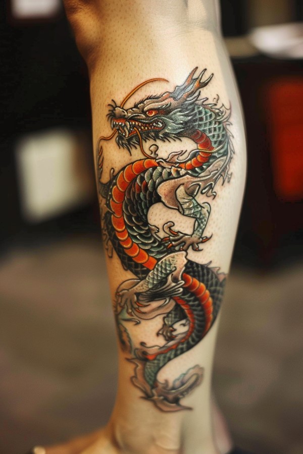 woman dragon leg tattoo