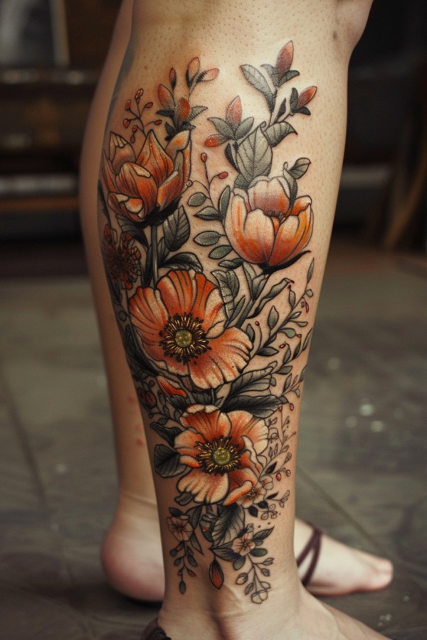 flower leg tattoo woman