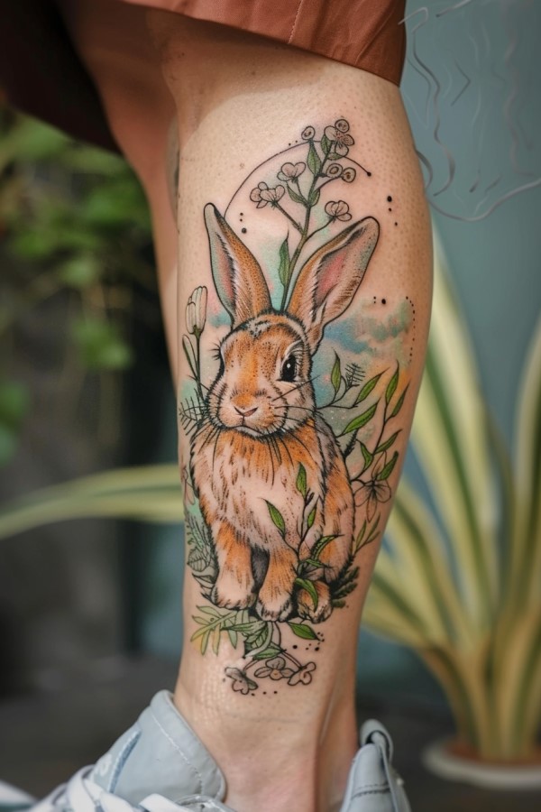 rabbit woman leg tattoo