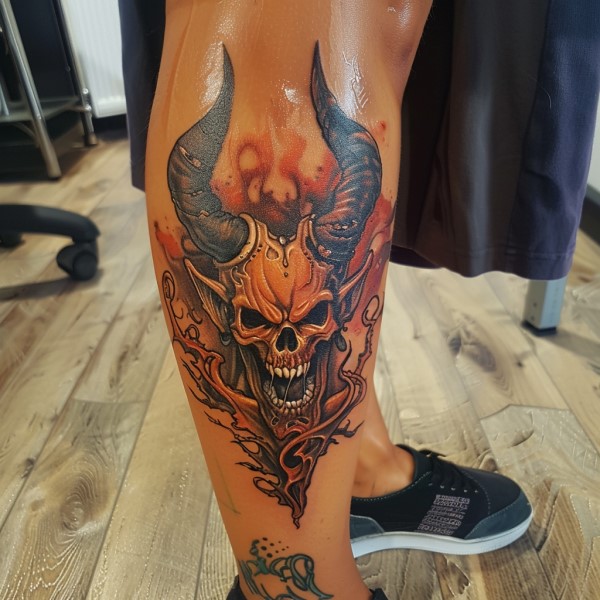 devil woman leg tattoo