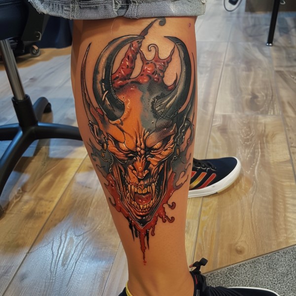 devil woman leg tattoo