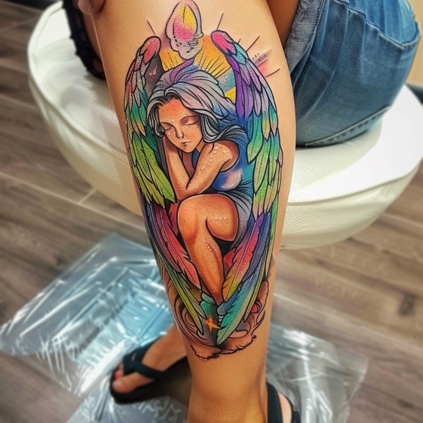 angel leg tattoo