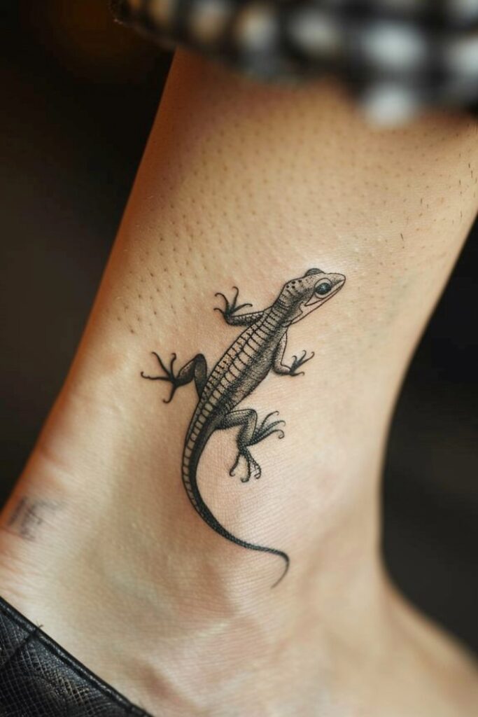 Small Black Ink Lizard Ankle Tattoo