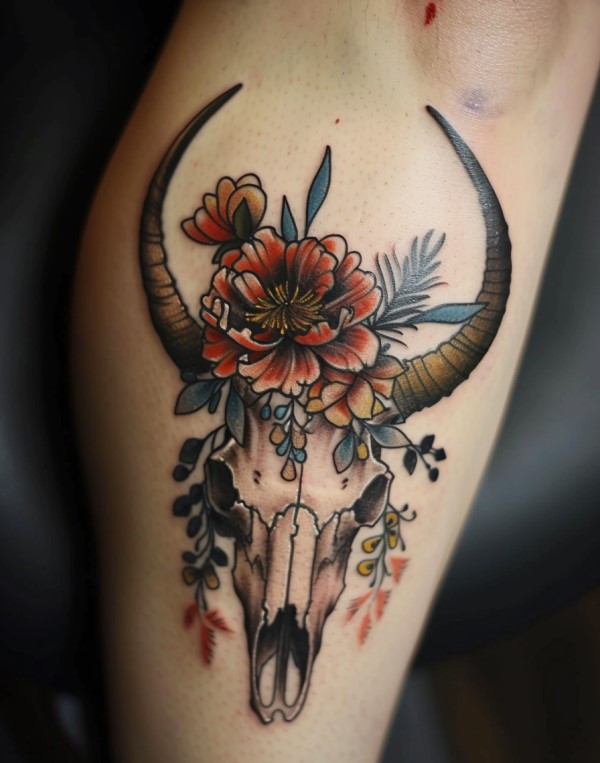The Bull Skull with Flowers Tattoo: A Fusion of Strength and Beauty