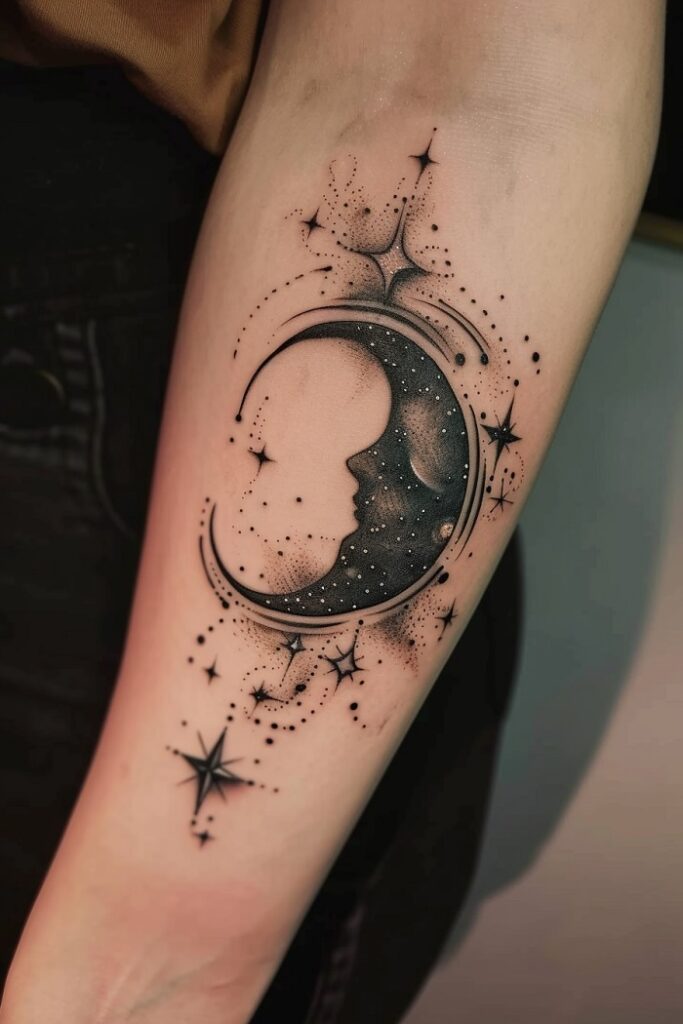 Dark moon tattoo on a woman