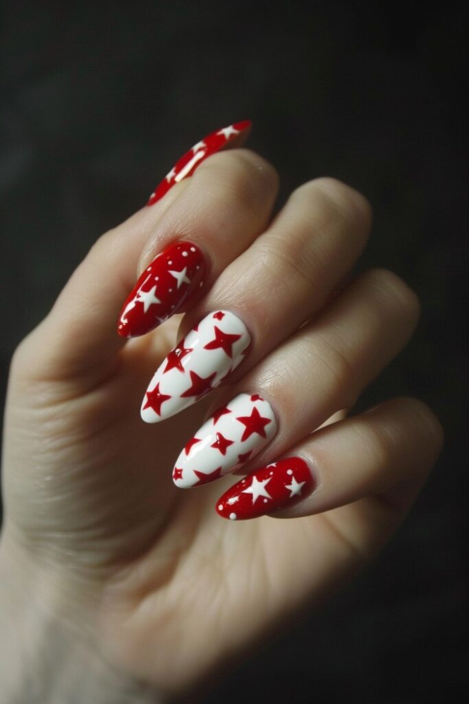 Red and White Star Nails